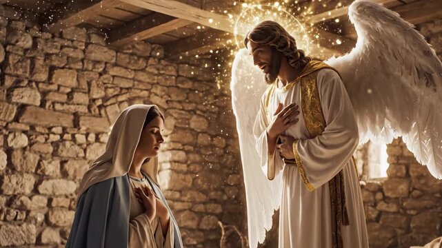 Archangel Gabriel interacting with woman Mary in a rustic stone chamber setting, illustrating Annunciation biblical account