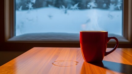 Steaming red mug on a wooden table with a water ring, overlooking a snowy winter landscape through a window.