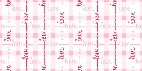 Romantic pink color plaid seamless pattern with hearts and love script on white color background for Valentine's day, wrapping paper, decor graphic design. Vector illustration
