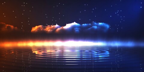 A mystical night scene with vibrant dual-tone clouds reflected on rippling water under a starry sky