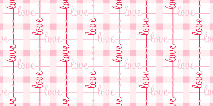 Romantic pink color plaid seamless pattern with hearts and love script on white color background for Valentine's day, wrapping paper, decor graphic design. Vector illustration