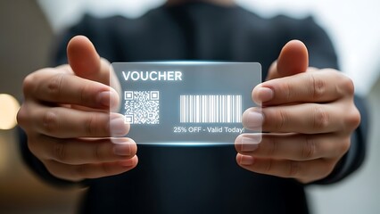 Person holding a grey voucher card.