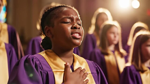 African american girl in church choir sings hymn with emotion and hand on chest during religious worship.