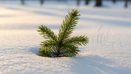 A tiny green spruce seedling bravely pushing through a pristine blanket of white snow under soft winter sunlight, casting long shadows.