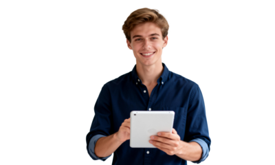 [Transparent Background PNG]Smiling Man Holding White Tablet Device