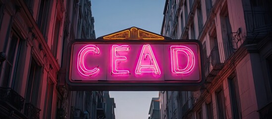 Vibrant Pink Neon "CEAD" Sign Illuminates Urban Streetscape at Dusk
