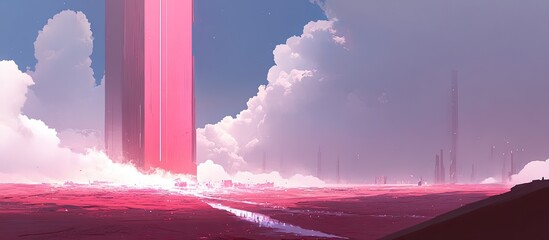Vibrant Pink Monolith Illuminating a Surreal Alien Landscape with Glowing Waters and Ethereal Clouds
