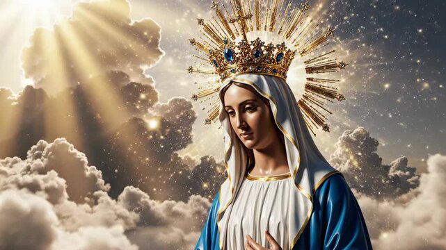 Woman as Blessed Virgin Mary in sky with crown. Heavenly light, clouds, and stars for religious, christian, catholic themes.