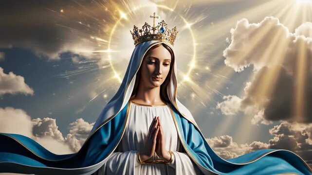 Woman as Virgin Mary, a blessed figure with a crown, kneeling in prayer on a holy day for religious worship
