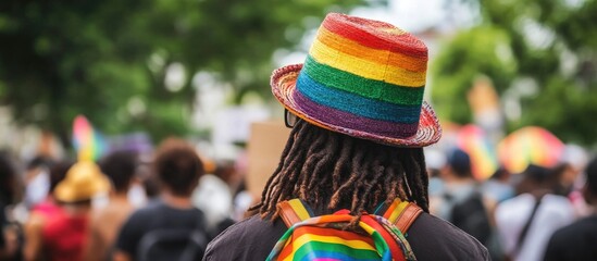 Vibrant Rainbow Hat and Backpack Adorn Person with Dreadlocks at Pride Parade