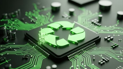 Green recycling symbol on a microchip on a circuit board, symbolizing sustainable technology, eco-friendly computing, and e-waste management.
