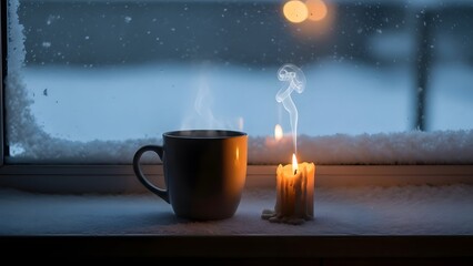 A cozy winter scene with a steaming mug and a flickering candle on a snow-covered windowsill, creating a warm ambiance.