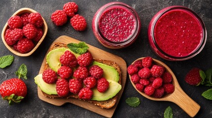 Vibrant Raspberry Avocado Toast and Chia Seed Pudding Jars with Fresh Berries