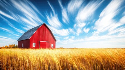 Vibrant Red Barn Amidst Golden Wheat Field Under Dramatic Wispy Sky