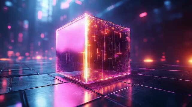 Glowing digital cube pulses with neon data lines on a reflective metal platform in a cyberpunk cityscape, symbolizing virtual reality, ai networks and futuristic tech innovation