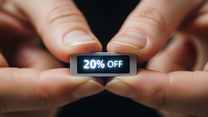 Hands holding discount offer label.