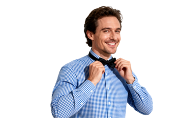 [Transparent Background PNG]Smiling Man Adjusting Black Bow Tie on Checkered Shirt