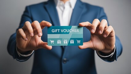 Businessman holding gift voucher card.