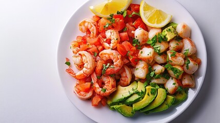 Vibrant Shrimp, Scallop, and Avocado Salad with Fresh Tomato and Lemon on a White Plate.