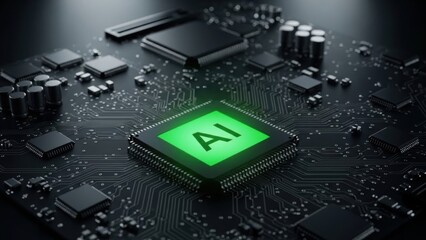 Artificial Intelligence (AI) processor chip glowing green on a dark circuit board. Concept of machine learning, deep learning, and advanced technology.