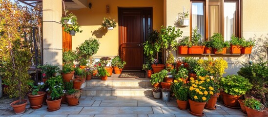 Vibrant Sunny Home Entrance with Abundant Potted Plants, Terracotta Pots, and Cheerful Yellow Flowers
