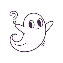 Naklejka premium A cute cartoon ghost with a question mark thinking face in a minimalist line art style