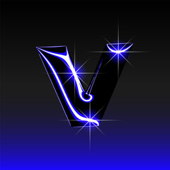 Glossy 3D letter V with holographic finish. Y2K font in iridescent liquid metal. Isolated vector render for contemporary retro-futuristic design