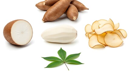 Taro root and leaf on white background
