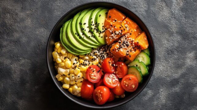 A black bowl contains sliced avocado corn cherry tomatoes cucumber and sweet potato all arranged neatly. It is set on a grey surface in a bright and inviting setting. - Powered by Adobe