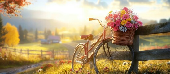Vintage Bicycle Laden with Vibrant Flowers Rests Against Rustic Fence in Golden Autumn Sunlight