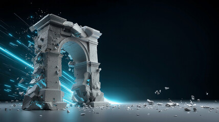 Fragmenting Classical Stone Archway Erupting with Metal Shards and Cyan Digital Lines, Kinetic Movement in Digital Void