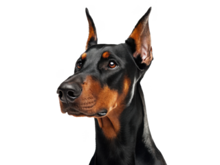 Regal and alert, a sleek black and tan Doberman Pinscher with sharply pointed ears and intelligent brown eyes is captured in a detailed portrait, gazing slightly, isolated on transparent background.