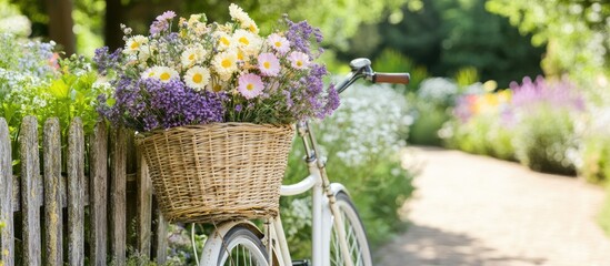 Vintage Bicycle with Overflowing Flower Basket on a Sunny Garden Path