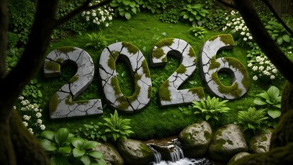 Moss-covered year 2026 numbers in a lush green forest environment