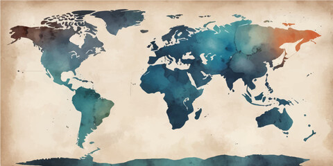 An artistic grunge watercolor world map illustration featuring vintage paper textures and continents like Europe, Asia, and America for a global geography travel atlas of the earth