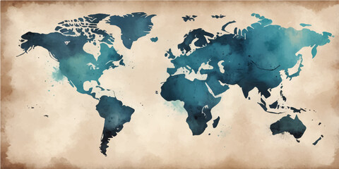 Vintage grunge world map illustration featuring a weathered earth globe with detailed continents and oceans for global travel and geography business © Faysal