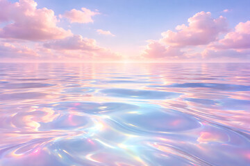 Pastel ocean made of glass, soft ripples reflecting clouds, dreamlike horizon