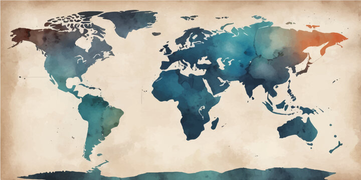 An artistic grunge watercolor world map illustration featuring vintage paper textures and continents like Europe, Asia, and America for a global geography travel atlas of the earth