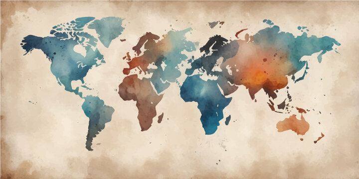 A vintage grunge world map illustration featuring global continents from America to Asia and Europe as a textured vector background for travel and geography design