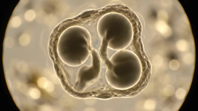 Two Cell Embryo Captured In Golden Microscopy TimeLapse Showing Early Mitotic Cleavage And Evolving Blastomeres, Warm Tones, Bokeh Background, Scientific Observation For Embryology,