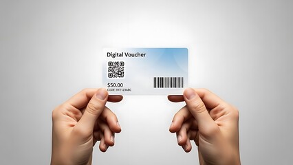 Hands holding digital voucher with barcode.