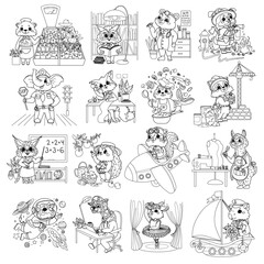 A set of 16 children's coloring pages featuring animals in various professions. A collection of line art characters. Cute cartoon animals and their jobs and activities