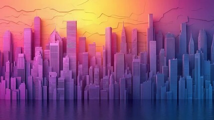 Low poly retro wave cityscape of neon lit skyscrapers reflecting on water, rendered in vibrant gradient hues of pink, purple, blue and yellow for a futuristic urban night scene - Powered by Adobe