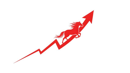 Red horse silhouette running up a financial growth arrow graph on white background
