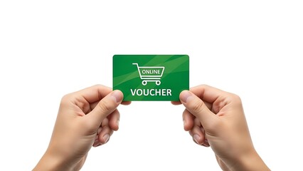 Hands holding green shopping voucher card.