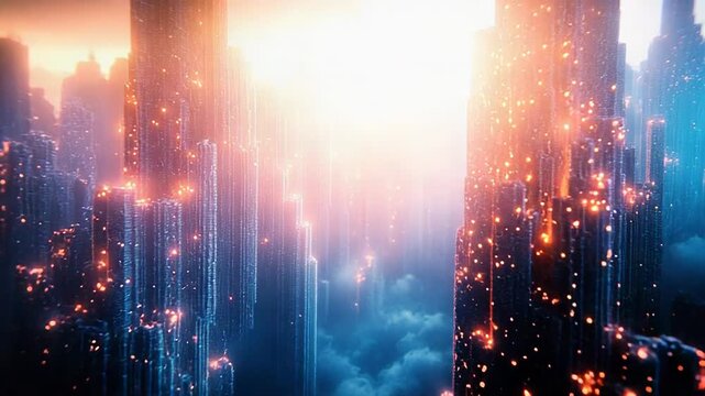 Digital city architecture with countless data streams and glowing particles creating a vibrant, interconnected network, all set amidst swirling, atmospheric clouds under a brilliant light source