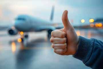 Hand of person giving thumbs up gesture in foreground simbolizing approval with airplane in background at airplane during cloudy evening