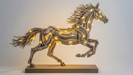 Rustic driftwood horse sculpture illuminated by warm fairy lights for natural Lunar New Year home decor
