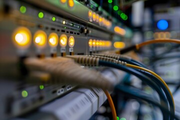 Network server with connected cables and blinking data center lights