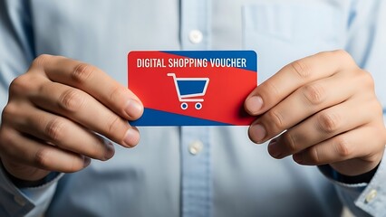 Man holding digital shopping voucher card.
